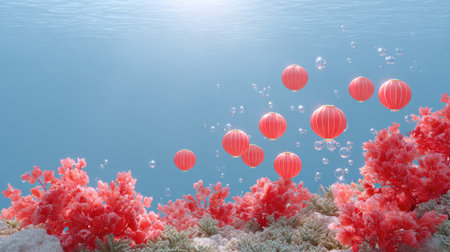 Discover a stunning underwater scene featuring vibrant coral and playful red decorations, creating a serene atmosphere filled with bubbles and sunlight.の素材