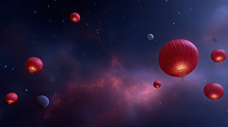 A captivating image featuring floating red lanterns in a cosmic night sky filled with stars and colorful nebulae, evoking a sense of serenity and wonder.の素材