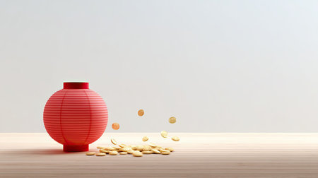 A vibrant red lantern stands next to scattered gold coins on a wooden surface, symbolizing celebration, prosperity, and positive energy in festive events.の素材