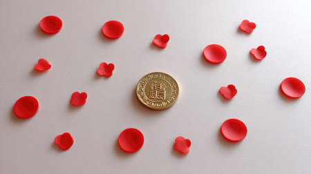 A charming arrangement featuring red hearts and a gold coin set against a plain background, creating a visually appealing composition that symbolizes love and prosperity.の素材