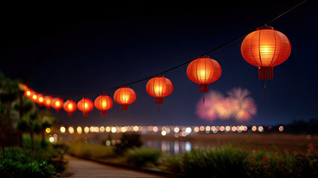 A stunning display of vibrant red lanterns suspended overhead, illuminating the night sky amidst fireworks over tranquil waters, creating a festive ambiance.の素材