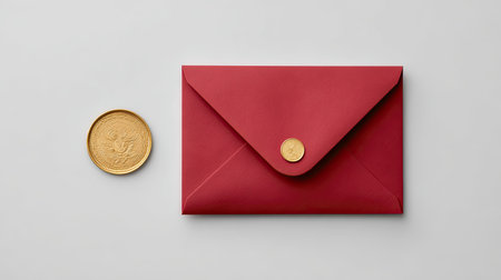This image features a striking red envelope adorned with a gold coin, set against a minimalist gray background. Perfect for invitations or special announcements.の素材