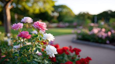 A vibrant display of blooming roses in a serene garden, showcasing various colors. The soft lighting enhances the beauty and tranquility of nature, inviting peace and relaxation.の素材