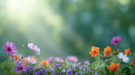 A stunning display of vibrant wildflowers in various colors bathed in warm sunlight, creating a serene atmosphere in a sunlit meadow.の素材