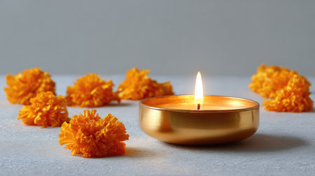 A beautifully lit gold bowl candle stands out amidst bright marigold flowers, creating a calming and warm atmosphere ideal for tranquil settings or celebrations.の素材