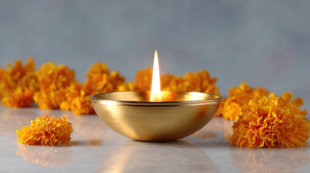 A beautifully crafted brass oil lamp emits a warm glow, surrounded by vibrant marigold flowers. This serene setup symbolizes joy and celebration in cultural rituals.の素材