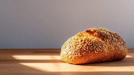 This image showcases a freshly baked loaf of bread topped with sesame seeds, resting elegantly on a wooden table, illuminated by soft natural light.の素材