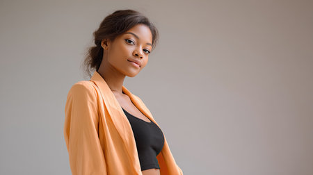 A stunning portrait of a confident young woman in a stylish outfit, posing gracefully against a soft, minimalist background, showcasing beauty and elegance.の素材