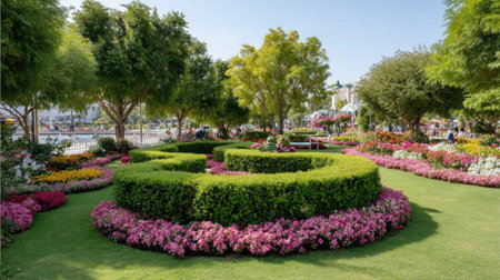 An enchanting garden landscape displaying a spiral flower bed overflowing with vibrant blooms and surrounded by lush greenery, perfect for relaxation.の素材