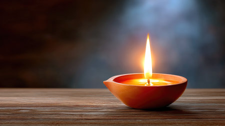 A charming clay dish holds a bright candle flame, casting a warm light over a rustic wooden table, creating a serene and peaceful atmosphere.の素材