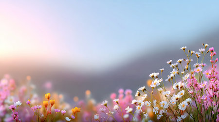A vibrant wildflower field showcases a stunning array of colors against a soft pastel sky during the golden hour. Ideal for nature lovers and photographers.の素材