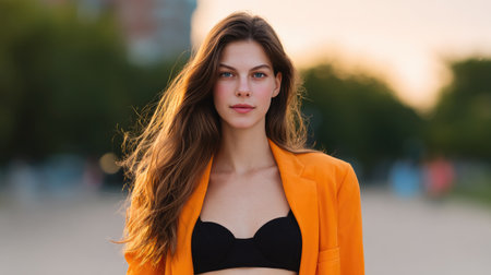 This portrait captures a confident young model wearing an orange blazer over a black top. The warm sunset enhances her natural beauty, creating a stunning outdoor scene.の素材