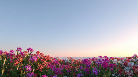 A stunning flower field at sunset showcases a panorama of vibrant colors, featuring blooming pink and white petals under a soft blue sky, perfect for nature lovers.の素材