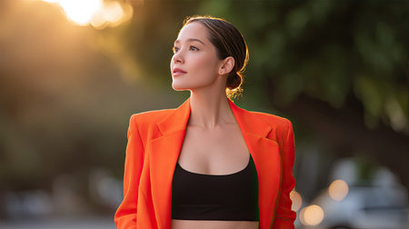 A stylish young woman in an eye-catching orange blazer poses confidently at sunset. The warm light enhances her beauty against a blurred natural backdrop, creating a serene yet vibrant ambiance.の素材