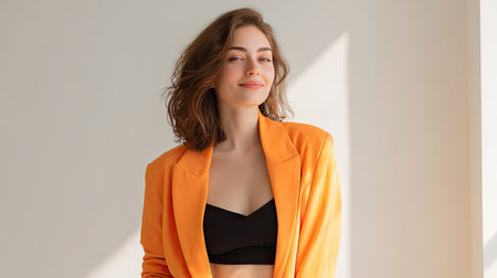 A young woman radiates confidence in a vibrant orange blazer over a black crop top. Captured in a bright interior, her warm smile highlights modern fashion and style.の素材