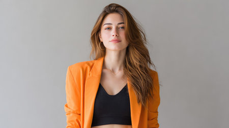 A confident young woman showcases her fashion sense with an orange blazer and black top against a neutral background, embodying modern beauty and elegance.の素材