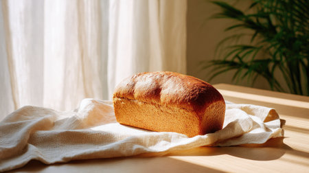 A beautifully baked loaf of bread resting on a natural linen cloth, illuminated by soft sunlight streaming through a window, showcasing warmth and comfort.の素材