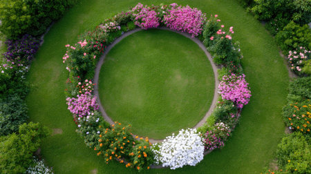 This breathtaking aerial view captures a circular garden surrounded by vibrant flowers and lush green grass, creating a serene and harmonious outdoor space.の素材