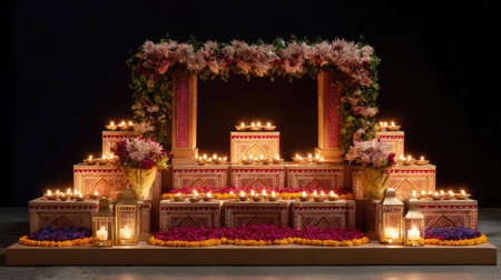 A beautifully arranged festival stage featuring an array of colorful flowers, softly glowing candles, and intricate decorations, perfect for celebrations.の素材