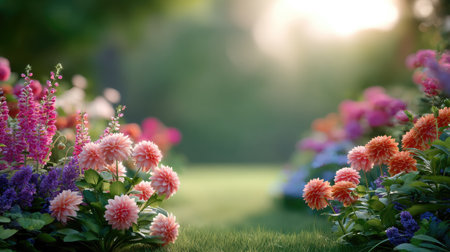 A breathtaking view of a vibrant floral garden filled with colorful blossoms and lush greenery during golden hour, capturing the beauty of nature.の素材