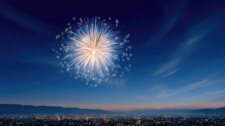 A stunning fireworks display lights up the night sky, casting vibrant colors over an urban landscape. This breathtaking scene captures the excitement of celebrations and joy, perfect for festive themes.の素材