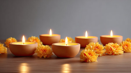 This calming still life features an elegant arrangement of small candles illuminating a wooden surface, surrounded by vibrant yellow flowers, evoking serenity.の素材