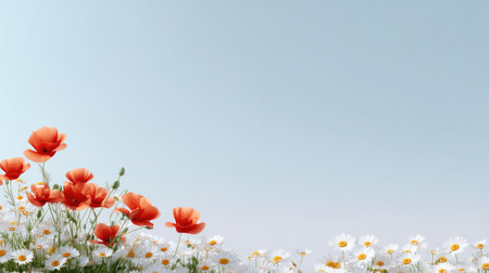 A beautiful arrangement of vibrant red poppies and delicate white daisies against a serene blue sky creates a tranquil natural landscape, ideal for garden enthusiasts.の素材
