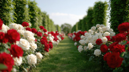 A stunning view of a garden pathway lined with vibrant red and white roses, creating a picturesque scene with lush green hedges and a clear sky above.の素材