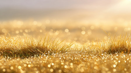 A close-up view of dew-laden grass glistening in the soft golden light of sunrise. This peaceful nature scene captures the beauty of early morning and freshness.の素材