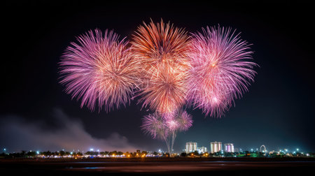 A stunning array of vibrant fireworks illuminates the night sky over a city skyline, creating a mesmerizing and celebratory atmosphere perfect for events.の素材