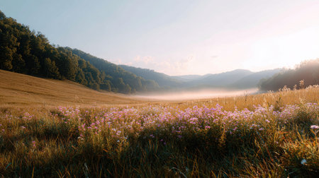 A breathtaking sunrise illuminates a misty meadow filled with blooming flowers, framed by rolling hills. This serene landscape evokes a sense of peace and tranquility.の素材