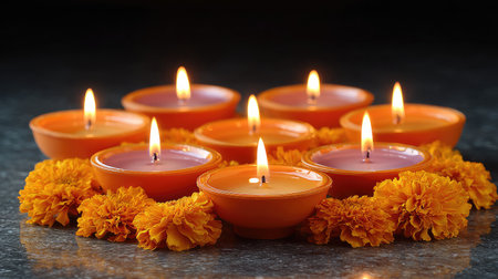 A captivating arrangement of bright orange candles encircled by vibrant marigold flowers creates a warm and inviting ambiance perfect for celebrations.の素材