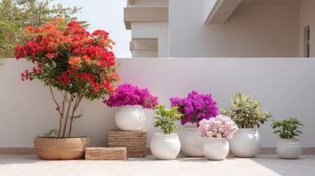 A vibrant display of bougainvillea plants in white pots creates a stunning outdoor space. This colorful arrangement enhances the contemporary decor of a modern house.の素材