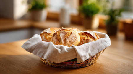 A beautifully presented basket of freshly baked artisan bread sits on a wooden kitchen table, inviting warmth and comfort to any meal setting.の素材