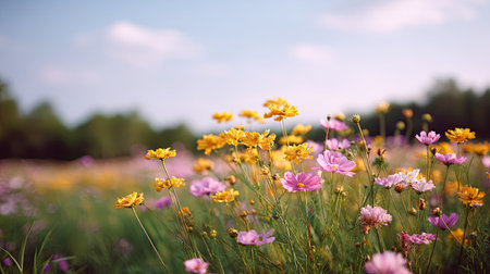A beautiful wildflower meadow filled with vibrant blossoms in various colors against a serene sky, capturing the essence of nature's tranquility.の素材