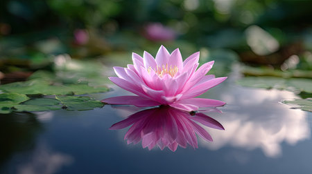 A stunning pink water lily gracefully floats on a calm surface, surrounded by vibrant green lily pads, reflecting nature's beauty in serene water.の素材