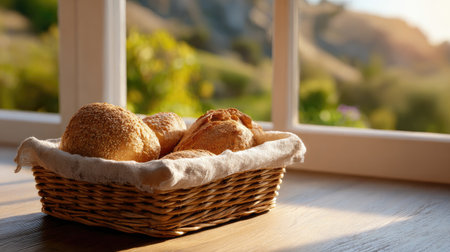 A charming scene featuring freshly baked bread rolls in a rustic basket, illuminated by soft sunlight streaming through a window, showcasing a beautiful outdoor landscape.の素材