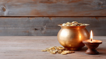 A beautiful arrangement featuring a pot filled with shiny gold coins next to a glowing oil lamp, set against a rustic wooden background, symbolizing prosperity.の素材