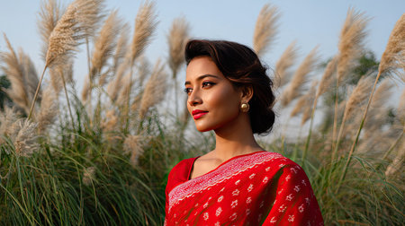 A beautiful woman poses gracefully in a vibrant red saree against a backdrop of golden grass. The soft evening light enhances her elegance and charm.の素材