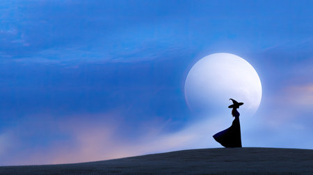 This captivating image features a dark silhouette of a woman in a flowing dress, standing against a luminous moon in a dramatic sky, embodying elegance and mystery.の素材