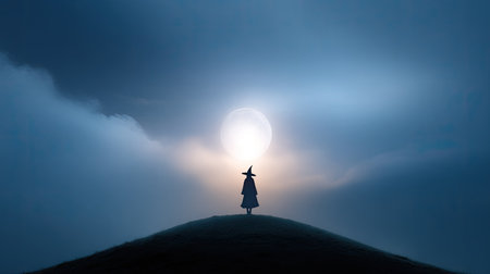 A captivating silhouette of a figure in a cloak stands atop a hill beneath a luminous full moon, surrounded by ethereal clouds, evoking a sense of mystery and tranquility.の素材