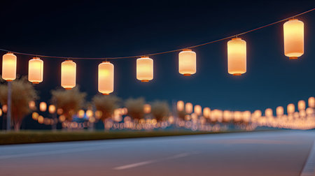 A captivating night scene featuring glowing lanterns strung above a tranquil road, creating a warm ambiance under the stars, perfect for evoking calm and beauty.の素材