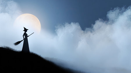 A captivating silhouette of a witch stands against a full moon, surrounded by fog and an eerie landscape, creating an enchanting night atmosphere.の素材