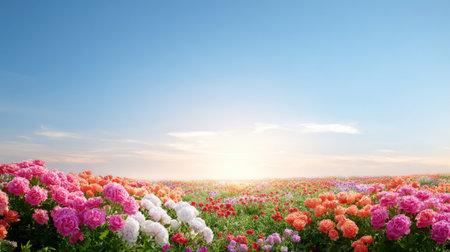 A breathtaking scene of a vibrant flower field at sunrise, showcasing a variety of colorful blooms against a clear blue sky. Perfect for nature lovers.の素材