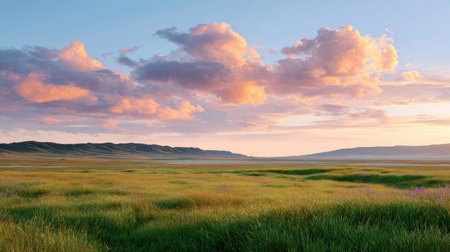 A stunning view of a serene landscape featuring lush green grass illuminated by a vibrant sunset, with soft clouds scattered across the sky, creating a peaceful atmosphere.の素材