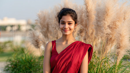 A young woman stands gracefully outdoors in a traditional red outfit, exuding warmth and joy. The soft grass and evening light create a serene atmosphere.の素材