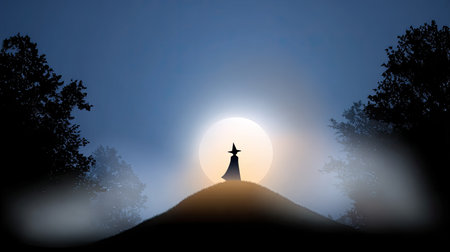 A striking silhouette of a witch hat stands atop a hill, illuminated by a full moon, surrounded by a misty forest, creating an enchanting atmosphere.の素材