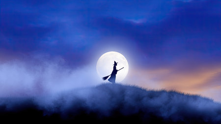 A captivating silhouette of a witch holding a wand stands against a large full moon, surrounded by misty landscapes during twilight, evoking mystery and magic.の素材