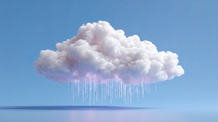 A soft white cloud with a unique digital rain effect floats against a clear blue sky, blending technology with nature in a serene and visually striking manner.の素材