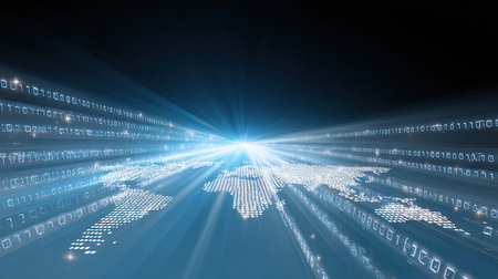 A stunning digital representation of a world map created with binary code and light rays, showcasing concepts of big data, technology, and global connectivity in a modern context.の素材